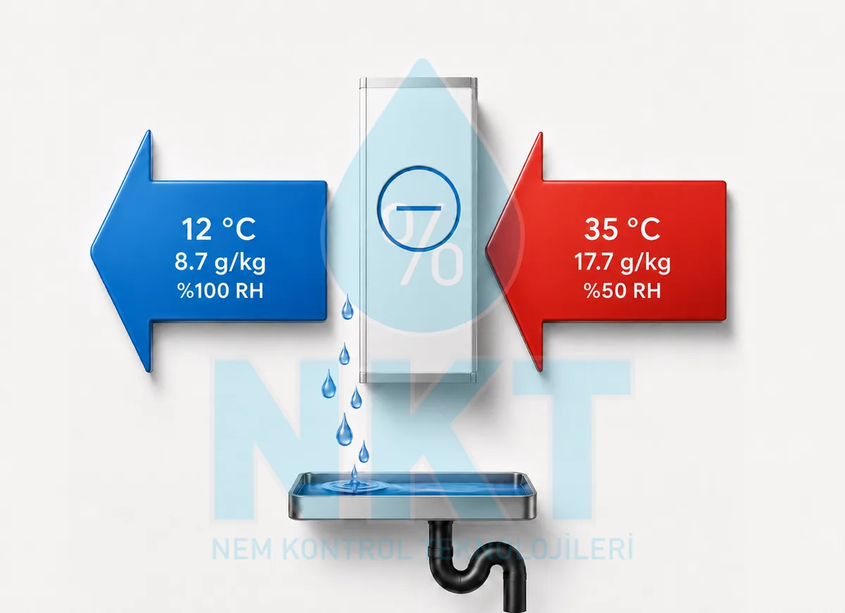 Yoğuşmalı nem alma cihazında soğutma bataryasında yoğuşma ve drenaj prensibi: 35°C %50 bağıl nemli hava (17,7 g/kg) çiy noktasının altına soğutulup 12°C %100 bağıl nemde (8,7 g/kg) doygun hale gelir, ayrışan su sifonlu drenaj hattından tahliye edilir